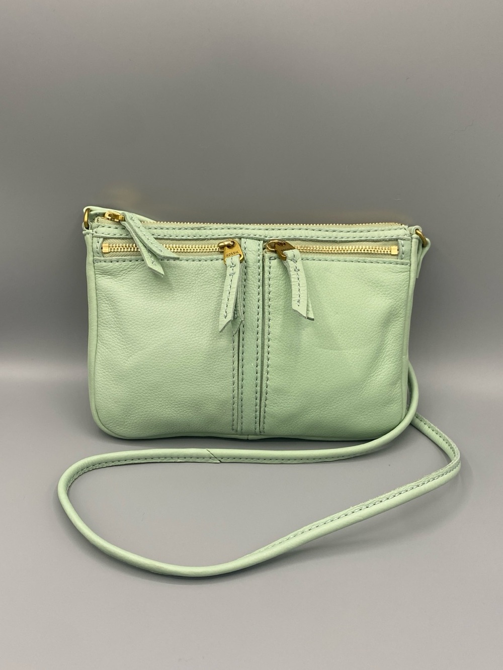 Fossil Mint Green Leather Crossbody Bag Triple Zip Gold Hardware